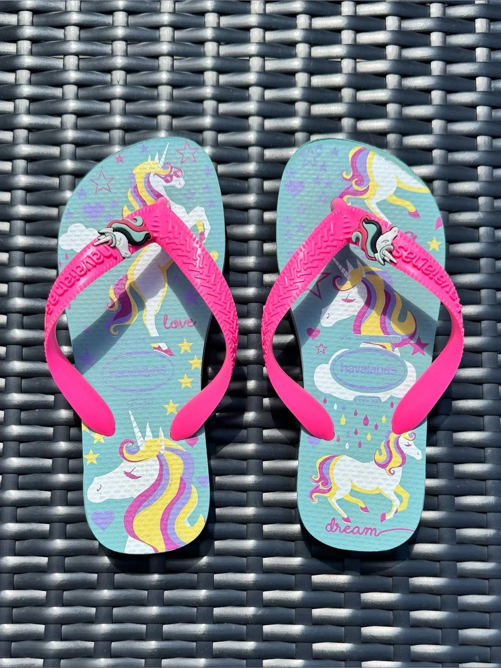 New Havaianas Kids Unicorn Bright Pink and Teal Flip Flops - Size 2